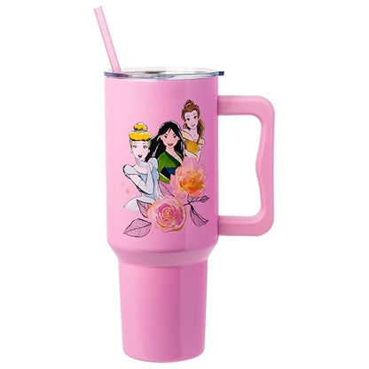 Silver Buffalo Disney Princess Featuring Cinderella, Mulan, Belle, Ariel, Tiana, and Jasmine Double Walled Stainless Steel Tumbler with Handle and Straw, Fits in Standard Cup Holder, 40 Ounces - color: Disney Princesses