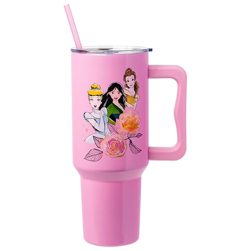 Silver Buffalo Disney Princess Featuring Cinderella, Mulan, Belle, Ariel, Tiana, and Jasmine Double Walled Stainless Steel Tumbler with Handle and Straw, Fits in Standard Cup Holder, 40 Ounces - color: Disney Princesses