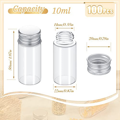 Didaey 100 Pcs Small Clear Vials Spice Mini Jars with Lids Mini Glass Bottles with Screw Aluminum Metal Caps Tiny Jars Sample Containers for Powder Cream Cosmetic Jewelry Wedding (10 ml,Silver Caps) - color: Silver Caps, size: 10 ml