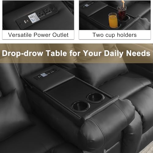 URRED Power Loveseat Recliner Sofa with Massage and Heat, Wall Hugger Reclining Loveseat with Console, RV Couch Home Theater Seating with LED Lights for Living Room (Black, 67" - 2 Seats) - color: Black, size: 67" - 2 Seats