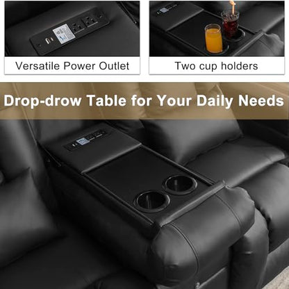 URRED Power Loveseat Recliner Sofa with Massage and Heat, Wall Hugger Reclining Loveseat with Console, RV Couch Home Theater Seating with LED Lights for Living Room (Black, 67" - 2 Seats) - color: Black, size: 67" - 2 Seats