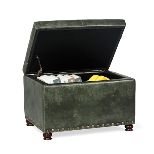 Joveco Storage Ottoman Rectangular Tufted Upholstered Ottomans with Rivet, Footrest Footstool Seat with Wood Legs for Living Room Bedroom (Black Green) - color: Black Green