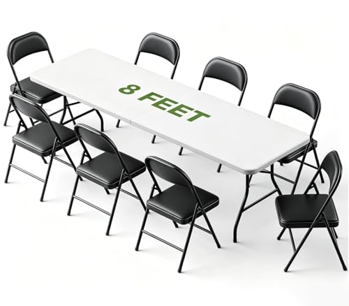 Folding Dining Table Set for 8, 8FT Foldable Plastic Table with Carrying Handle & 8 PU Leather Padded Folding Chairs, Portable Table and Chairs Set for Indoor Outdoor, Party, Wedding, Picnic, Camping - color: Black, size: 8FT