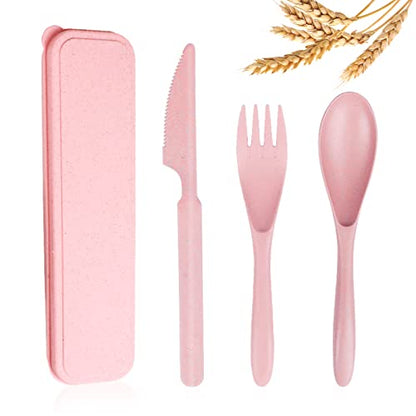 YDYTOP Reusable Travel Utensils Set with Case, Pink Wheat Straw Portable Knife Fork Spoons Tableware, Eco-Friendly BPA Free Cutlery for Kids and Adults as Travel Picnic Camping Utensils - color: 1 Sets - Pink