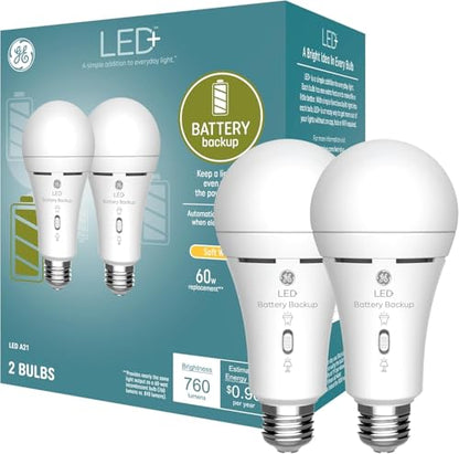 GE LED+ Battery Backup A21 LED Light Bulbs, Rechargeable Light for Power Outages + Flashlight, Soft White (2 Pack) - style: A21