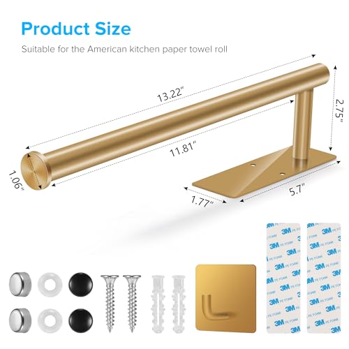 2nd Gen Paper Towel Holder Under Cabinet No Drilling, [More Sturdy] Self Adhesive or Drilling Paper Towel Holder Wall Mount for Kitchen, RV, [Fit Mega Paper Towel Roll] SUS304 Stainless Steel - color: Gold