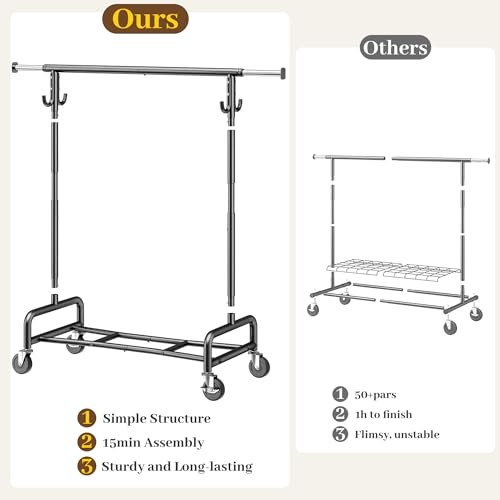Raybee 75" W Heavy Duty Clothes Rack Load 450 LBS, Metal Garment Storage with Shelf, Lockable Wheels & Anti-Slip Stoppers, Rolling Clothing Rack for Bedroom Laundry Room, Black - color: Black, style: Rod Shelf