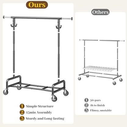 Raybee 75" W Heavy Duty Clothes Rack Load 450 LBS, Metal Garment Storage with Shelf, Lockable Wheels & Anti-Slip Stoppers, Rolling Clothing Rack for Bedroom Laundry Room, Black - color: Black, style: Rod Shelf