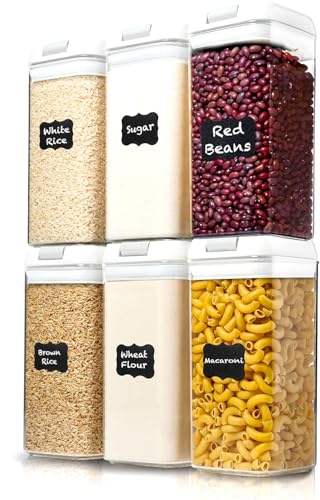 Shazo Airtight Food Storage Containers with Lids - 6 PC BPA Free Clear Plastic Cereal Containers with Easy Lock Lids for Kitchen and Pantry Organization for Snacks and Pasta - 1.2 L - color: Matte White