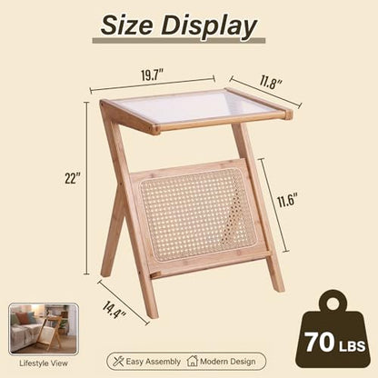 Tiita Rattan Side Table, Mid Century Nightstand, Bamboo Accent Bedside Tables, Glass Coffee Tables, Boho Wooden End Table with Storage for Small Space, Living Room and Bedroom - color: Rattan-l-wood