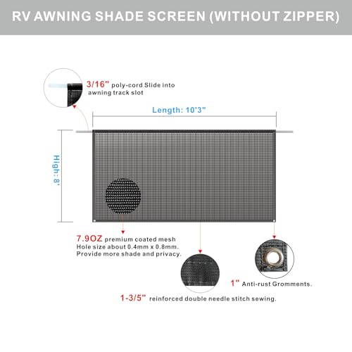 RV Awning Shade Screen Without Zipper 8'x10'3'',Black Mesh RV Awning Sun Shade Screen,Universal Trailer Camper RV Awning Screen with Complete Kit,Significantly Improves Shadow and Privacy - color: Black Without Zipper, size: 8'X10'3''for 11' RV Awning