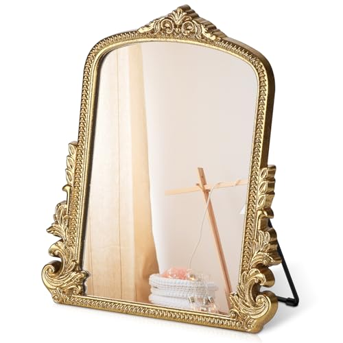 Vintage Makeup Mirror, Vanity Desk Mirror Antique Traditional Tabletop Mirror, Standing, Hang or Wall Mounted, Adjustable Dress-up Mirror, Gold Decor Mirror for Living Room,Bedroom (gold, 12*9.8 in) - color: Gold, size: 12"L x 9.8"W