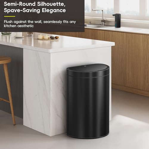 EKO Mirage Semi-Round 47L / 12.4 Gal Motion Sensor Trash Can, Automatic Kitchen Trash Bin with Deodorizer Compartment, Removable Lid & Inner Bucket, Stainless Steel Garbage Can, Matte Black - size: 47L -Premium Semi-Round (Matte Black)