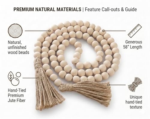 Decorative Wooden Beads - 58'' Wood Tassel Garland, Boho Table Decor, Handcrafted Beaded Garland, Versatile Piece for Home, Event, Gift - Boho Decorations