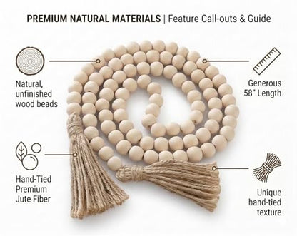 Decorative Wooden Beads - 58'' Wood Tassel Garland, Boho Table Decor, Handcrafted Beaded Garland, Versatile Piece for Home, Event, Gift - Boho Decorations