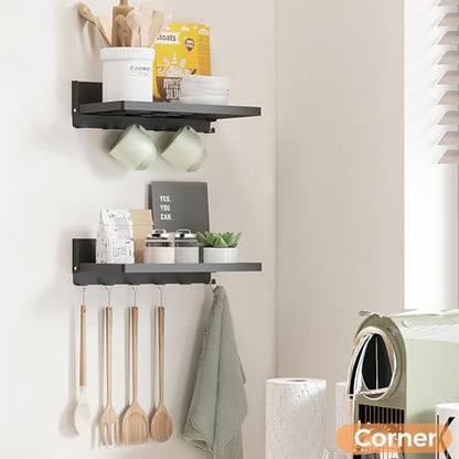 Small Folding Metal Shelf with Hooks, RV Fold-Down Wall Shelf, 6 Hooks, Drop Down Floating Shelf for Laundry Room, Kitchen, Bedside, Toilet Room, Bathroom, Utility, Black（11.8", 1 Pack） - color: 11.8" , 2-pack