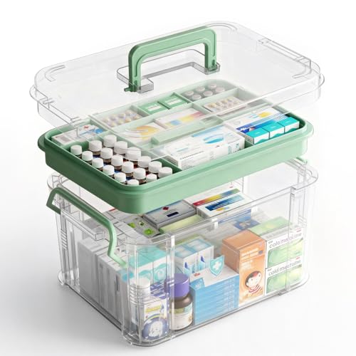 15QT Clear Medicine Storage Box with Comfort Handle and Compartments, Medicine Box Organizer Storage for Safe and Tidy Medication, First Aid, and Personal Care Item Organization