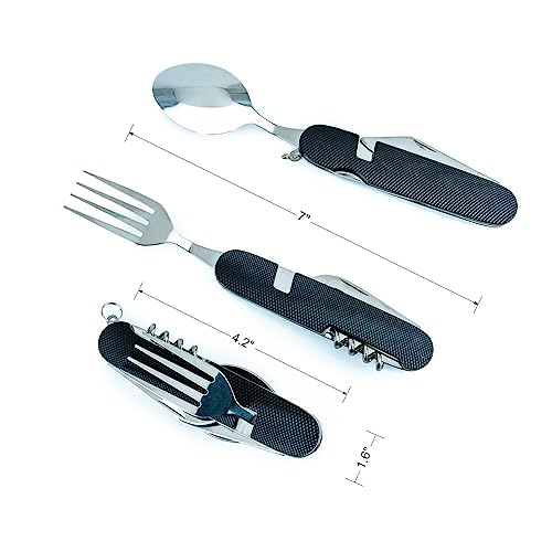 Cluck 6-in-1 Multi-Function Camping Utensil Flatware Set Detachable Spoon Fork Knife Combo Mess Kit with Carrying Pouch (Gold + Black) - color: Gold + Black