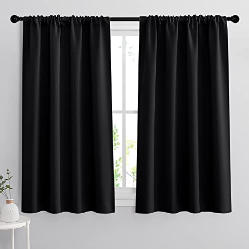 RYB HOME Bedroom Blackout Curtains 45 inches Length - Black Curtains Light UV Block Insulated Energy Saving Drapes for Bedroom Dining Living Room, 42 x 45 inches Long, Black, Set of 2 - color: Black, size: 42"W x 45"L (Pack of 2)