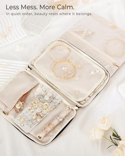 Marscamd Travel Jewelry Organizer Case for Women, Foldable Jewelry Bag for Earrings, Rings, Necklaces, Bracelets, Brooches, Black - color: Black