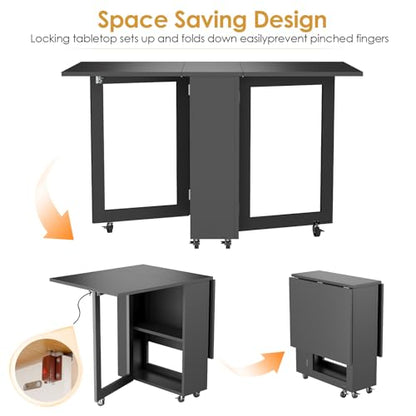 LotFun Folding Dining Table with 6 Wheels, 2-Layer Storage Shelf & Drawer, Space Saving Farmhouse Kitchen Table for Small Spaces - color: Grayish Black