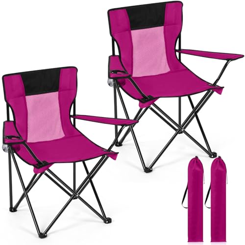 Shellwei 2 PCS Folding Camping Chair with Cupholder and Carry Bag Regular Size Colorful Breathable Portable Lightweight Lawn Chair with Side Pocket for Fishing Hiking Beach Outdoor Activity - color: Pink
