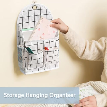 2PC Wall Hanging Storage Bag Organizer Baskets Caddy Closet (Grey+Beige) | Over The Door Hanging Basket with Pockets and Adhesive Hooks Wall File Organizer for Bedroom Kitchen Office Dormitory