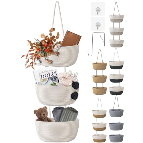 3 Tier Wall Mounted Woven Hanging Basket, Over the Door Hanging Basket with Hooks, Decorative Storage Hanging Closet Removable, Large Wall Basket for Living Room, Bedroom, Kitchen (White) - color: White