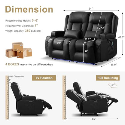 URRED Power Loveseat Recliner Sofa with Massage and Heat, Wall Hugger Reclining Loveseat, RV Couch Home Theater Seating with LED Lights for Living Room (Black, 54" - 2 Seats) - color: Black, size: 54" - 2 Seats