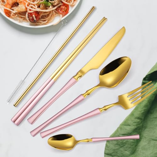 AARAINBOW 7 Pieces Stainless Steel Flatware Set Portable Reusable Cutlery Set Travel Utensils Set Including Chopsticks Knife Fork Spoon Straws Cleaning Brush Dishwasher Safe (B-Pink Golden) - color: B-Pink Golden