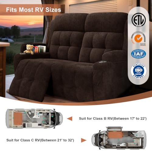 RV Loveseat Recliner Sofa, Reclining Loveseats Couch for RV Furniture, Home Theater Seating with Massage, USB, Insert Pockets, Cup Holders, 150° Wall Hugger RV Recliners Sleeper Sofa - color: Velvety Brown, size: Loveseat-G1