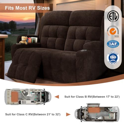 RV Loveseat Recliner Sofa, Reclining Loveseats Couch for RV Furniture, Home Theater Seating with Massage, USB, Insert Pockets, Cup Holders, 150° Wall Hugger RV Recliners Sleeper Sofa - color: Velvety Brown, size: Loveseat-G1