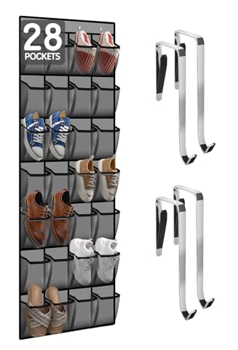 Kotkn 28 Compartment Over the Door Shoe Organizer, Breathable Mesh Large Shoe Rack for Closet Storage, Space Saving Hanging Shoe Holder with Reinforced Hooks (Fits Men & Women,Gray-01) - color: Gray-01