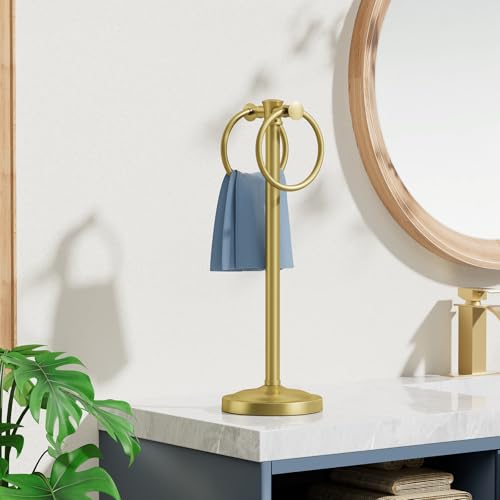 Hoimpro 17" Brushed Gold Free Standing Towel Rack Bracket, Double Towel Ring Hand Towel Stand Holder, Bathroom Hardware Accessories Set Towel Bar for Bathroom Vanities and Kitchen Countertops - color: Brushed Gold