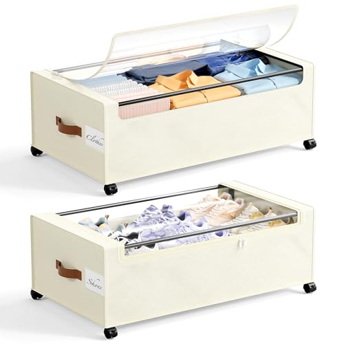 Yecaye 95 L Under Bed Storage with Wheels, 11 in Under Bed Storage Containers, Large Under Bed Shoe Storage with Lids, Rolling Underbed Storage bins for Clothes, Blankets, Beige - color: Beige, size: Extra Extra Large(2Pack)-11"H