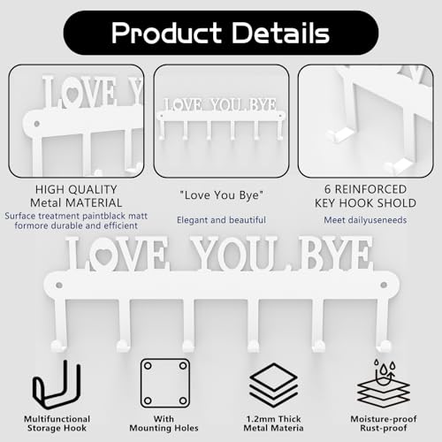 Key Holder for Wall - 'Love You Bye' Key Hooks,Key Holder Wall Mount Self Adhesive, Key Rack Wall Mount for Wall No Drill for Living Room, Kitchen, Bathroom, Garage (White, 6 Hooks) - color: Love You Bye' White