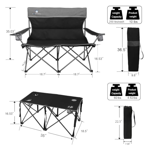 Camping Chair Set of 3, Outdoor Folding Camping Chairs for Heavy People with Cup Holder & Carry Bag,Collapsible Chair Include One Sofa Chair and Two Single Chair,Support up to 500lbs - color: Black-4pcs