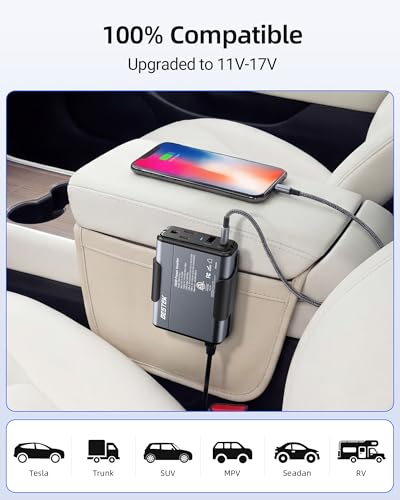 BESTEK 150W Car Power Inverter 11V-17V for Tesla Truck RV, 30W USB C PD 18W USB A Charger, 12V DC to 110V AC Converter with Detachable Cigarette Lighter Cable, 10-Layer Protection, ETL Certified - color: Gray