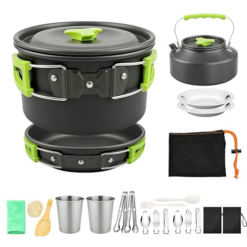 Vinid 20pcs Camping Cookware Mess Kit, Non-Stick Lightweight Pots Set with Stainless Steel Cups Plates Forks Knives Spoons, Portable Outdoor Cookware for Camping Backpacking Hiking and Picnic