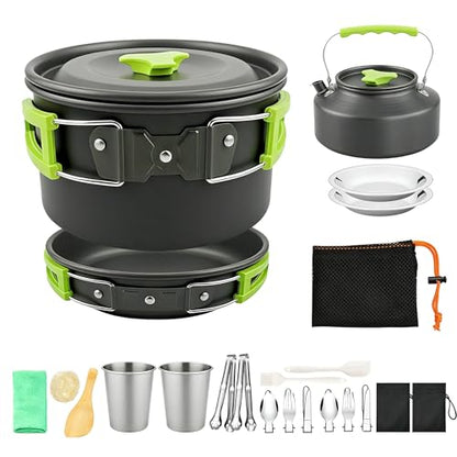 Vinid 20pcs Camping Cookware Mess Kit, Non-Stick Lightweight Pots Set with Stainless Steel Cups Plates Forks Knives Spoons, Portable Outdoor Cookware for Camping Backpacking Hiking and Picnic