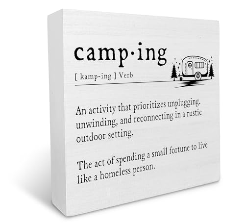Ku-Dayi Camper Decor for Inside, Funny Camping Definition Wooden Box Sign, Camping Signs Wood Box Decorations for Camper RV Trailer, Camping Wooden Block Plaque Desk Shelf Decor 5x5 Inch
