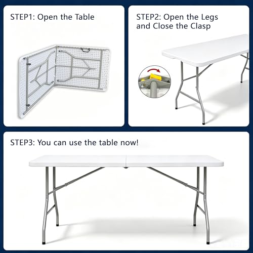 6ft Folding Table with Handle, Portable Plastic Table, White | Heavy Duty & Foldable, Fold in Half Table with Steel Frame, Indoor & Outdoor Use, Perfect for Camping, Picnic, Wedding, Party - size: 6FT