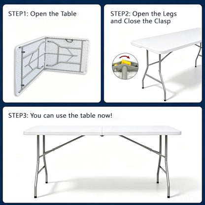 6ft Folding Table with Handle, Portable Plastic Table, White | Heavy Duty & Foldable, Fold in Half Table with Steel Frame, Indoor & Outdoor Use, Perfect for Camping, Picnic, Wedding, Party - size: 6FT