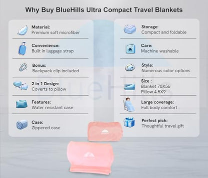 BlueHills Ultra Compact Travel Blanket 2 Pack Large Soft Cozy Portable Blanket Sheet with Carry Case and for Flight Airplane Car Layover Camping Hotel C206-2PK-Pink - color: C206-2pk-pink
