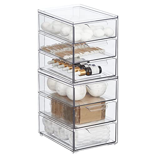 mDesign Plastic Stackable Organizer with 3 Drawers - Pull-Out Drawer Storage Bin for Bathroom Sink/Cabinet Organization - Perfect for Makeup, Small Towels, and More - Lumiere Collection, 2 Pack, Clear - size: 8 x 6 x 8 (Pack of 2)