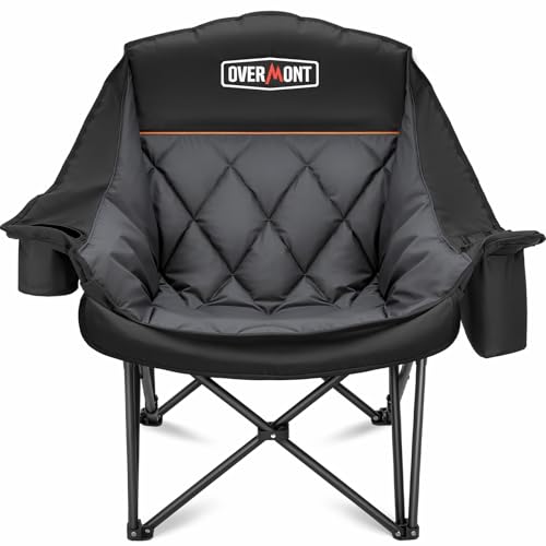 Overmont Oversized XL Camping Chair for Adults - 500lbs Support Heavy-Duty Padded Folding Chair with Side Pocket Cup Holder Cooling Bag for Outdoor Sports Garden Beach Fishing Lawn Black - color: Black