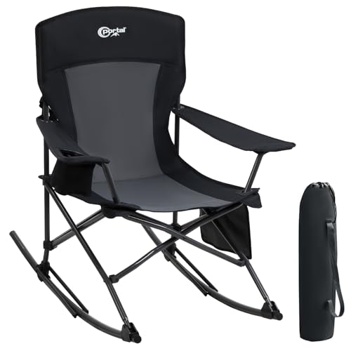 Portal Outdoor Rocking Chair Camping Folding Portable Rocker with Cup Holder Side Pocket Carry Bag, Support 350LBS (Black) - color: Midnight Black