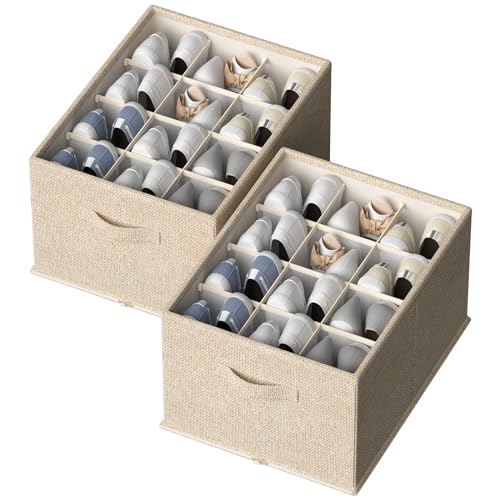 FHSQX 2 Pack Shoe Organizer for Closet,Foldable Shoe Organizer,Fits up to 24 Pairs,Storage Containers With Bottom Support for Shoes | Foldable - color: Beige, size: 16.5*12.6*9.5in