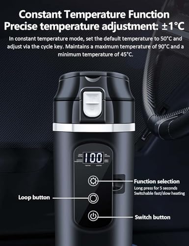 Intelligent 12V Car Electric Kettle with Touchscreen, 13.5oz Travel Kettle, 304 Stainless Steel, Leak-Proof Lid, Variable Temperature (113-212°F) for Coffee, Tea & Milk – Ideal for Trucks, Buses, Cars - color: Black 12V/400ml/S