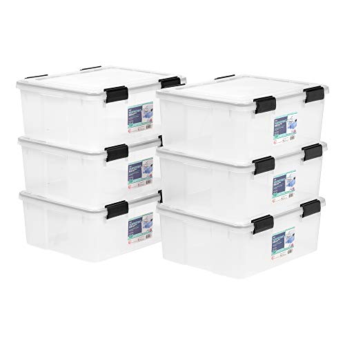 IRIS USA WeatherPro 31 Qt Storage Bins with Lids, 6 Pack, BPA-Free Plastic Gasket Box with Tight Latch and Seal, Stackable Nestable Tote Tub - Clear/Black - size: 31 Qt, style: 6 Pack